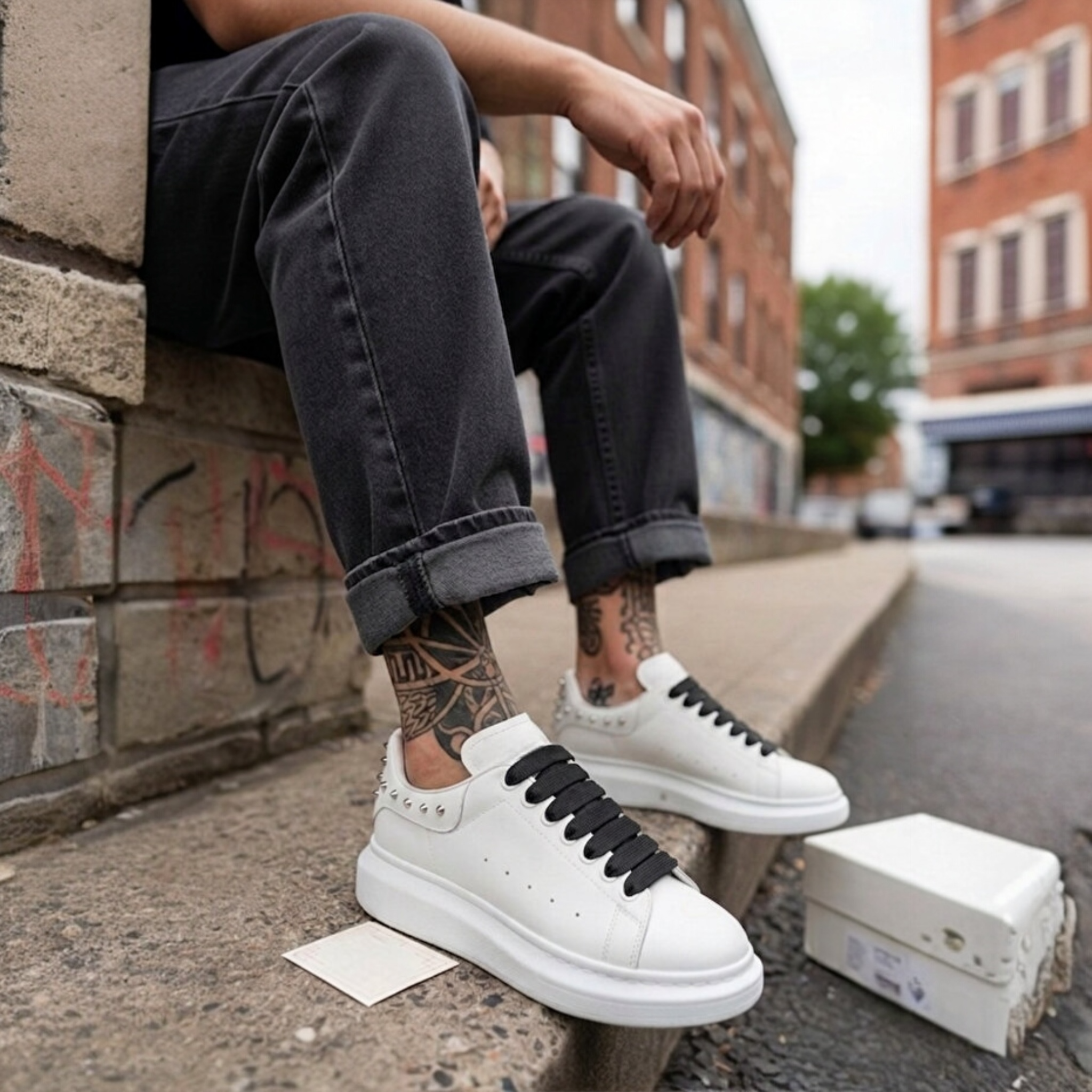 Sneakers Alexander Mq Unisex Albi – Adidași premium cu ținte și șireturi contrast