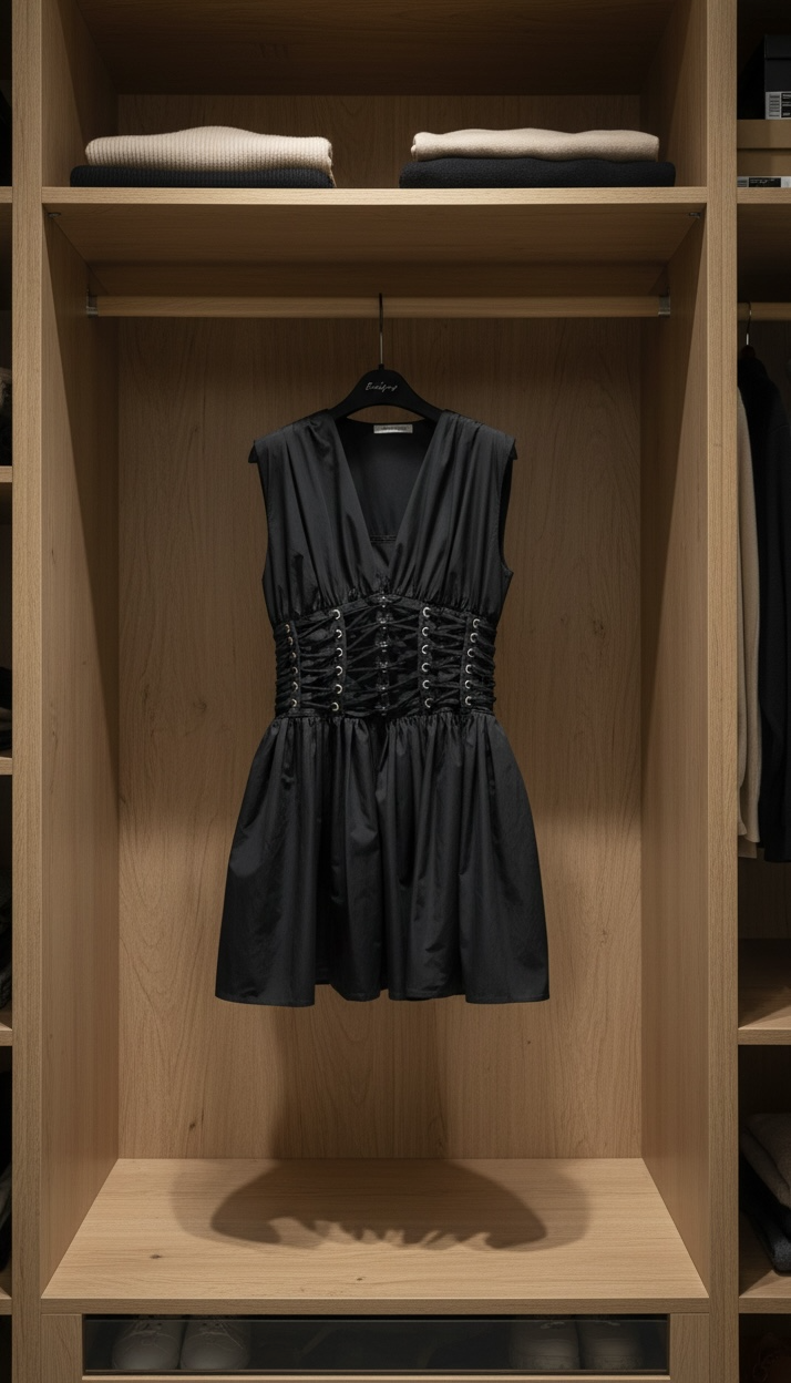 Rochie Neagră Elegantă cu Corset și Decolteu în V