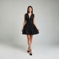 Rochie Neagră Elegantă cu Corset și Decolteu în V