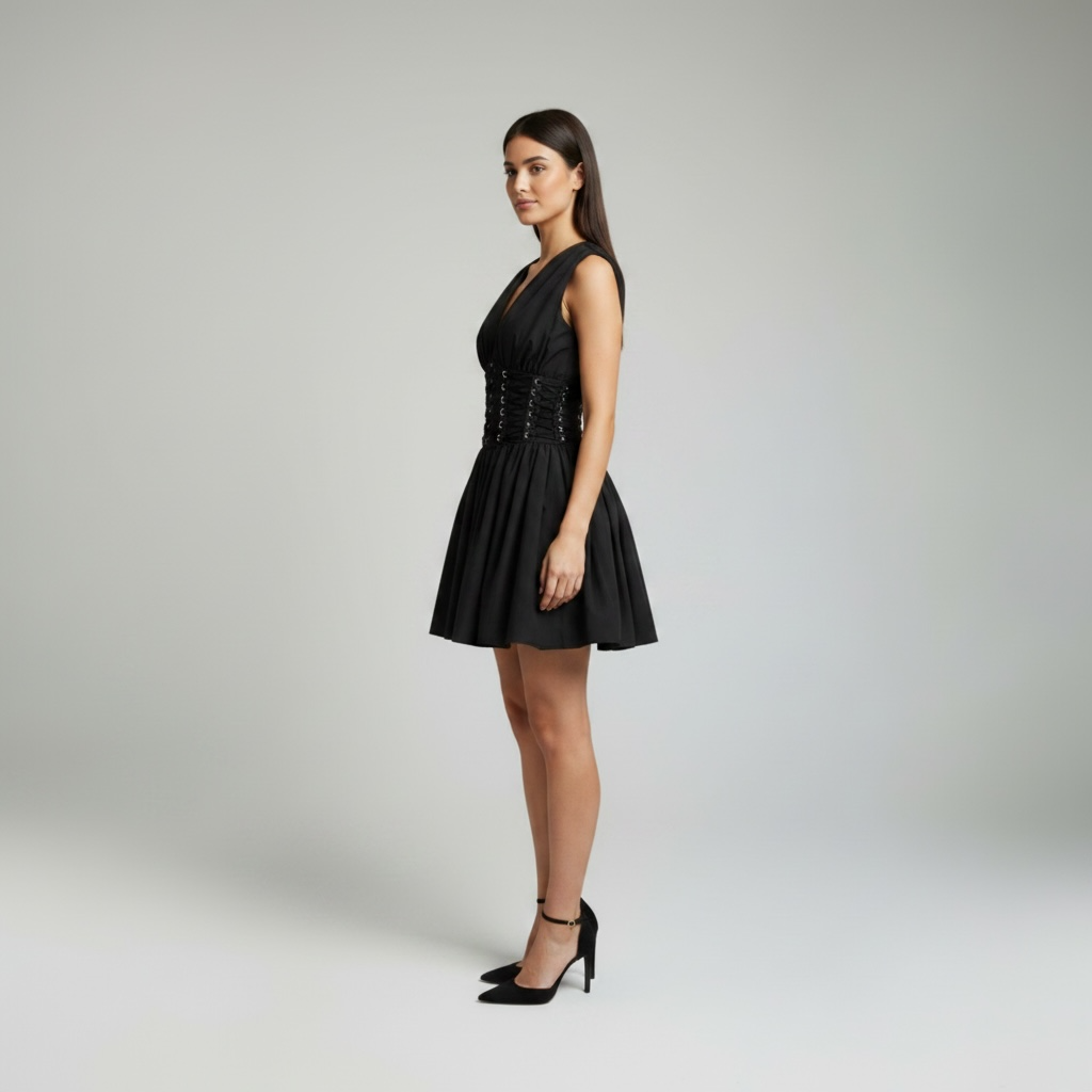 Rochie Neagră Elegantă cu Corset și Decolteu în V