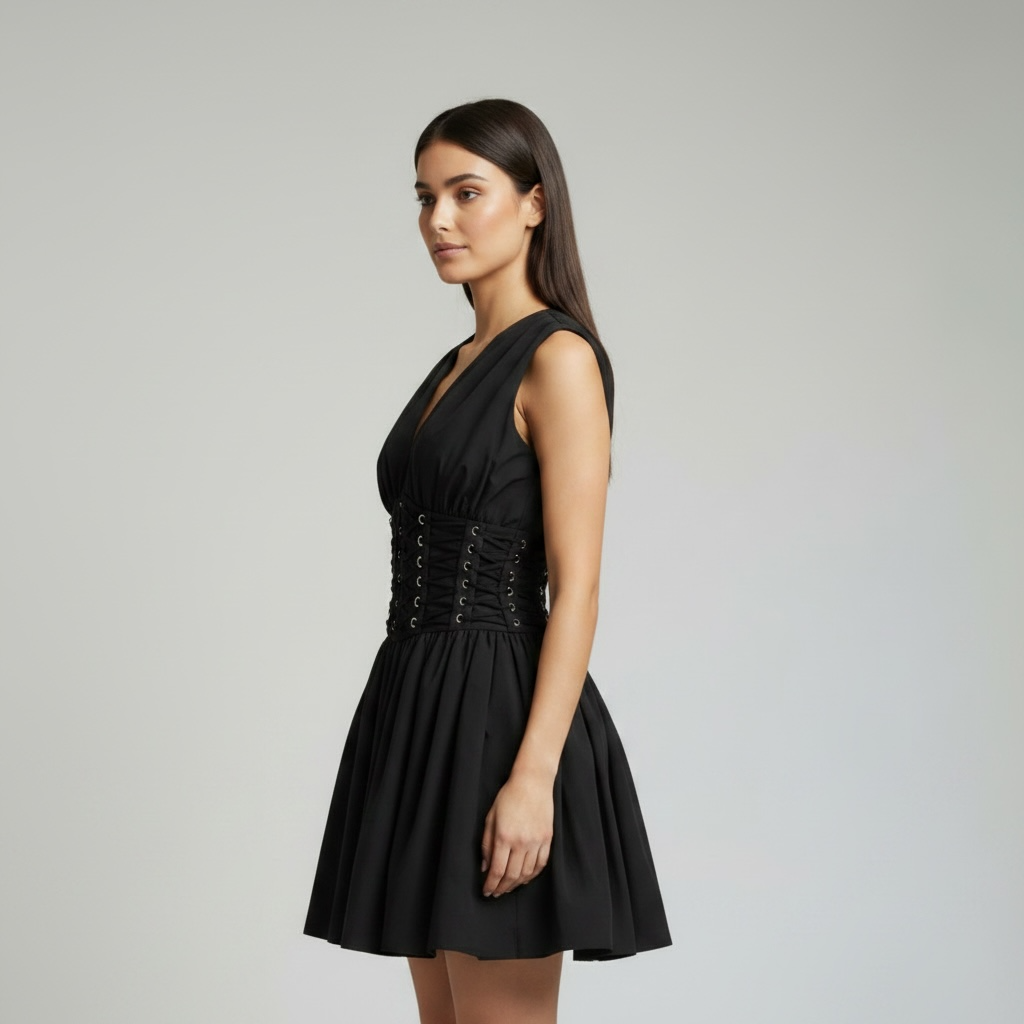Rochie Neagră Elegantă cu Corset și Decolteu în V